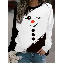 Christmas Snowman Wink Snowflake Print Sweatshirt for Plus Size - 100% Polyester Crew Neck Knit Pullover with Medium Stretch, Elegant Middle-Eastern Style for All Seasons