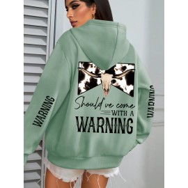 Women'S Plus Size Western Print Hoodie, Casual Long Sleeve with Pocket, 100% Polyester Knit Fabric, Slight Stretch, Pullover Hooded Sweatshirt for Fall/Winter, Casual Style