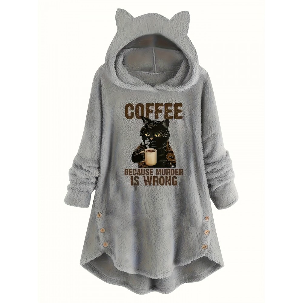 Plus Size - Women'S Plus Size Casual Teddy Hoodie with Cat Ears and Button Details | Long Sleeve, Asymmetrical Hem, Fall/Winter, Animal Print, Pullover Style
