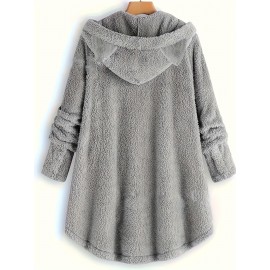 Plus Size - Women'S Plus Size Casual Teddy Hoodie with Cat Ears and Button Details | Long Sleeve, Asymmetrical Hem, Fall/Winter, Animal Print, Pullover Style