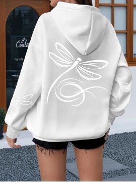 Plus Size, Women's Oversized White Dragonfly Print Hooded Sweatshirt - Long Sleeve Casual Pullover with Drawstring Hood & Kangaroo Pocket, Plus Size All-Season Comfort, Elegant White Sweater for Casual Attire, Machine Washable, Relaxed Fit with Stylish Dragonfly Back Print, Soft Fabric for Layering, Chic and Versatile Women's Fashion