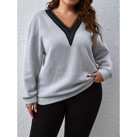 [Plus Size Sweatshirt] Plus Size, Autumn and Winter New European Style Plus Size Solid Color V-Neck Lace Elegant Pullover Sweatshirt for Women