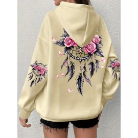 Women'S Plus Size Boho Chic Hoodie - Soft, Comfortable Long Sleeve with Dreamcatcher & Floral Print, Casual Pullover with Pockets for Everyday Wear, Casual Wear Hoodie|Boho Chic Style|Soft Fabric Hoodie
