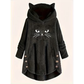 Women's Plus Size Cozy Cat Print Hoodie - Casual Long Sleeve, Button Detail, Soft Fleece-Like Fabric, Machine Washable, Green with Asymmetrical Hem for Fall/Winter, Oversized Hoodie