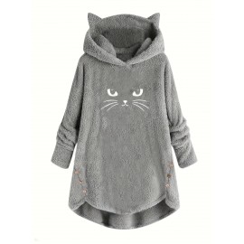 Women's Plus Size Cozy Cat Print Hoodie - Casual Long Sleeve, Button Detail, Soft Fleece-Like Fabric, Machine Washable, Green with Asymmetrical Hem for Fall/Winter, Oversized Hoodie