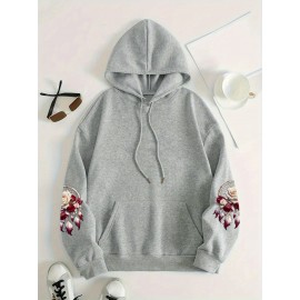 Plus Size - Women'S Plus Size Floral Print Hoodie - Soft, Comfortable Long Sleeve with Pockets, Casual Brown Pullover for All-Season Wear, Casual Wear Hoodie | Floral Print Hoodie | Soft Fabric Hoodie