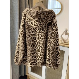 Plus Size Leopard Print Hoodie - Ultra-Soft Fleece Long Sleeve Drawstring Sweatshirt with Spacious Pockets for Women - Vibrant Print Design, Adjustable Fit, and Cozy Comfort