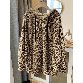 Plus Size Leopard Print Hoodie - Ultra-Soft Fleece Long Sleeve Drawstring Sweatshirt with Spacious Pockets for Women - Vibrant Print Design, Adjustable Fit, and Cozy Comfort