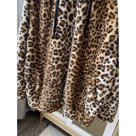 Plus Size Leopard Print Hoodie - Ultra-Soft Fleece Long Sleeve Drawstring Sweatshirt with Spacious Pockets for Women - Vibrant Print Design, Adjustable Fit, and Cozy Comfort