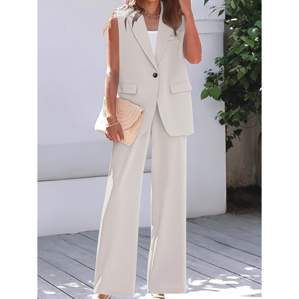 Stylish Plus Size Solid Color Elegant Suit Set - Women's Plus Size Clothing, Button Sleeveless Vest & Straight Leg Loose Pants for Work or Formal Occasions - Comfortable, Breathable, and Flattering
