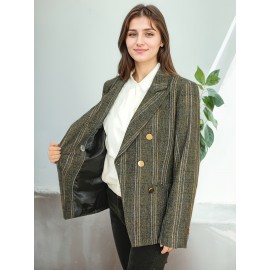 Elegant Plus Size Double-Breasted Blazer - Chic Plaid, Long Sleeve Suit Jacket for Women, Machine Washable