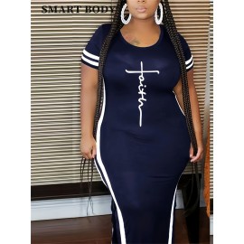 Faith Letter Women'S Striped Printed Casual Dress Side Slit Round Neck Short-sleeved Dress, Spring And Summer Casual WomenS Maxi Dress Striped Trim Split Thigh Longline Dress For Summer