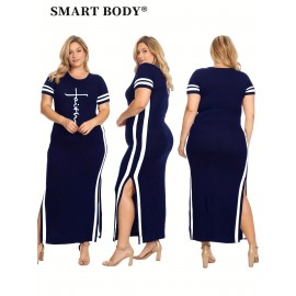 Faith Letter Women'S Striped Printed Casual Dress Side Slit Round Neck Short-sleeved Dress, Spring And Summer Casual WomenS Maxi Dress Striped Trim Split Thigh Longline Dress For Summer