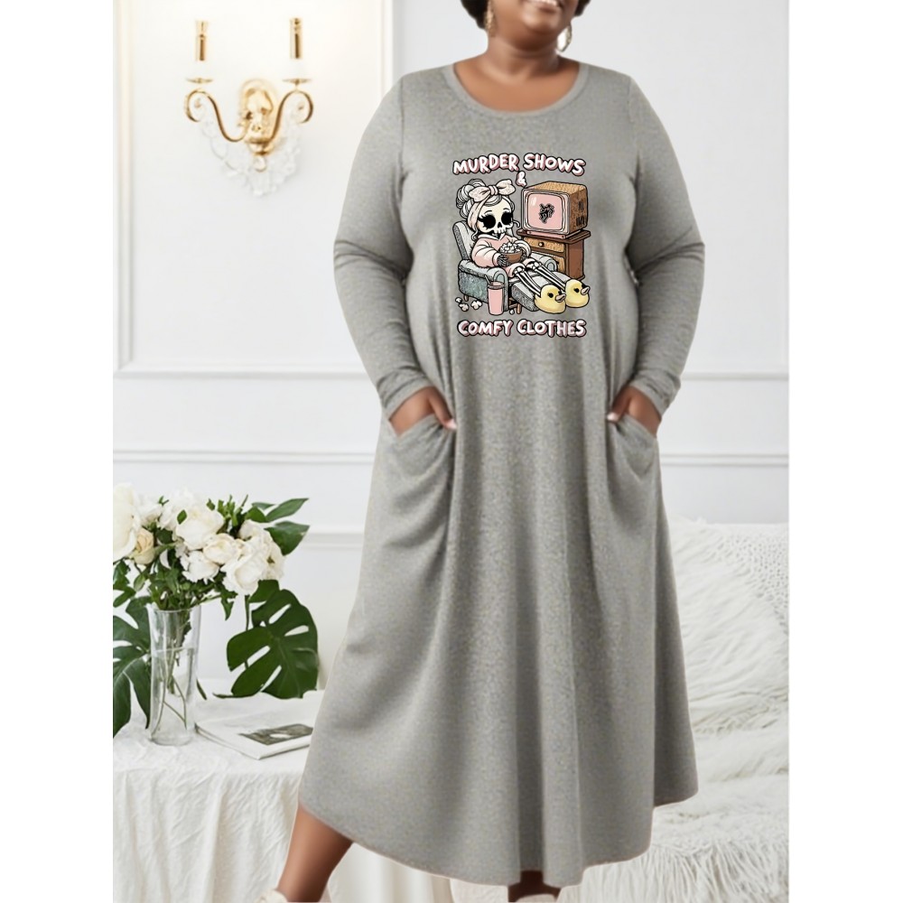 Women's Plus Size Murder Shows TV Show Graphic Dress - Cozy Long Sleeve Maxi Dress with Pocket, Crime Scene Tape Print & TV Character Design, Machine Washable Casual Winter Outfit for Fans, Loose Fit Round Neck H-Line Silhouette with Murder Mystery Theme, Autumn/Winter Wear, Relaxed Fit for Everyday Comfort, Comfortable Fabric, Durable Material