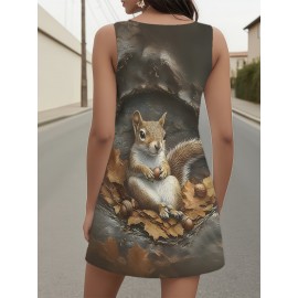 Women's Plus Size Sleeveless Pajama Dress - Cute Animal Sleepwear & Lounge, Loose Fit Shorts, Machine Washable All-Season Nightgown for Women (No Formality Needed), Comfortable Pajamas, Playful Squirrel Print, Durable Loungewear