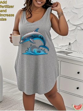 Plus Size Women'S Tops 100% Breathable Tank Dress with Dolphin Wave Print for Casual Wear, Plus Size Women'S Oversized Loose Fit Tank Dress, Large Size Womens Tops for Everyday Use