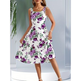 Women's Sleeveless Square Neck A-line Blue Floral Print, Spring/Summer Machine Washable, Moderately Stretchy Elegant A-line Cut, Suitable for Casual and Formal Occasions, Spring Fashion, Comfortable and Close-fitting, Non-transparent Fabric