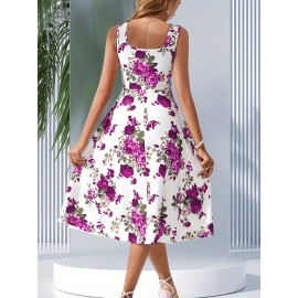 Women's Sleeveless Square Neck A-line Blue Floral Print, Spring/Summer Machine Washable, Moderately Stretchy Elegant A-line Cut, Suitable for Casual and Formal Occasions, Spring Fashion, Comfortable and Close-fitting, Non-transparent Fabric