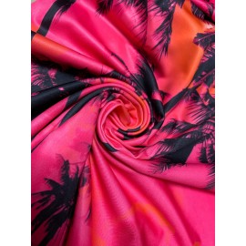 Women'S Tropical Print Sleeveless Beach Dress- Vibrant Pink with Black Palm Tree Design, Round Neck Machine-Washable Lightweight Summer Vacation Dress for Poolside& Casual Outings