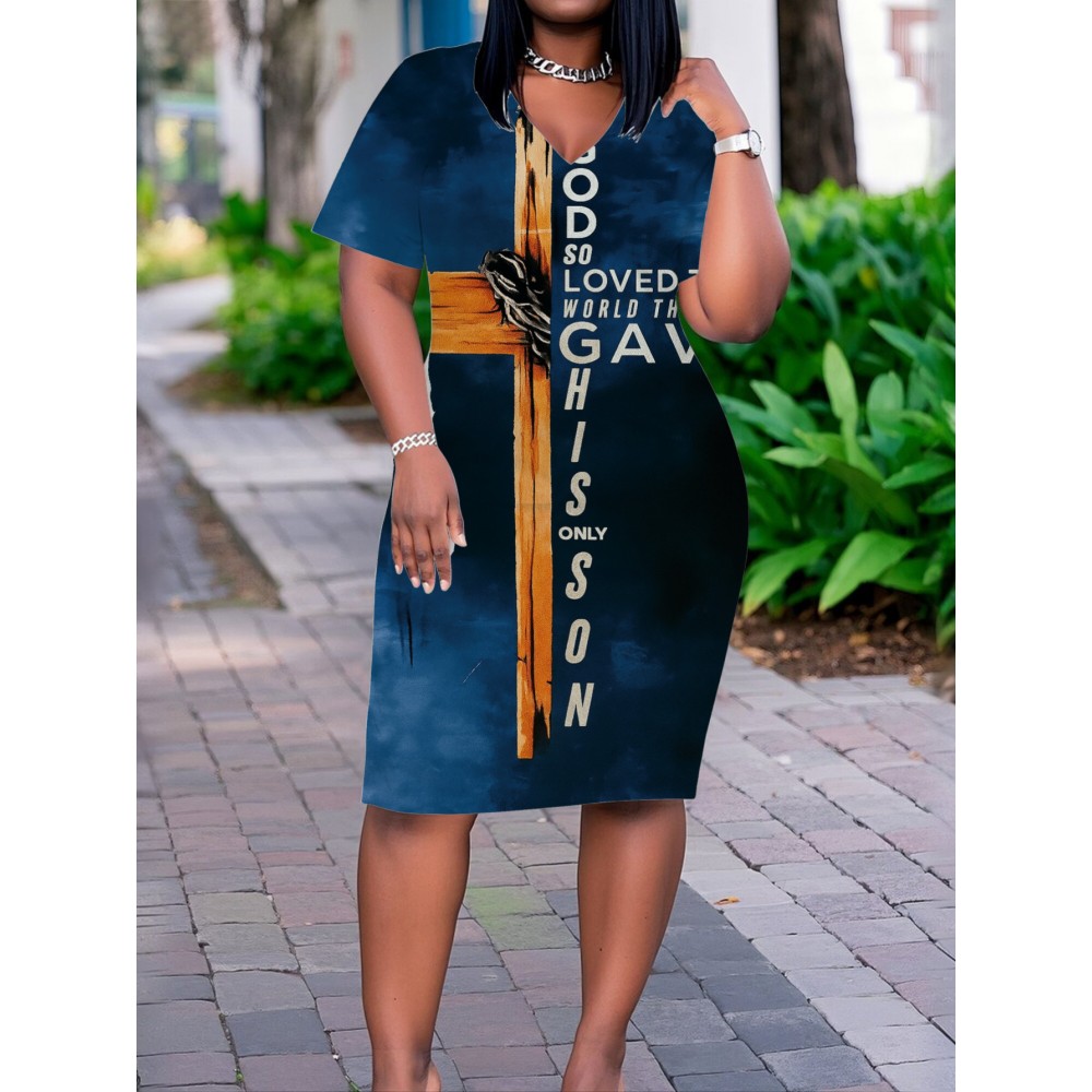 [Plus Size V-Neck Dress] Stretchy Fabric Plus Size Women's V-Neck Dress with Cross & Text Print - Casual Short Sleeve, Knee-Length for Leisure Outings, Comfortable Fit