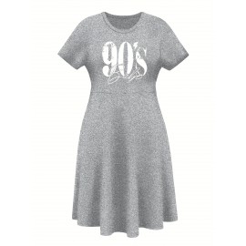 Women'S Plus Size 90'S Retro Bops Graphic Print Vintage 90s Inspired Casual Dress - Short Sleeve Round Neck A-Line Flared Skirt with Puff Sleeve-like Hem, Machine Washable Summer Midi Dress in & Retro Lettering, Loose Fit H-Line Silhouette for Casua