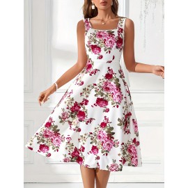 Women's Sleeveless Square Neck A-line Blue Floral Print, Spring/Summer Machine Washable, Moderately Stretchy Elegant A-line Cut, Suitable for Casual and Formal Occasions, Spring Fashion, Comfortable and Close-fitting, Non-transparent Fabric