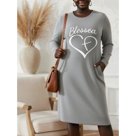 Plus Size, Women'S Plus Size Long Sleeve Maxi dress - Elegant Black Formal & Everyday dress with Side Pocket, Loose Fit Fall/Winter Outfit for Church, Office, Parties - Non-See-Through Fabric, Long Sleeve Dresses, Party Attire, Comfortable Wear, Office Attire, Heart Design, Durable Material, Casual Wearers